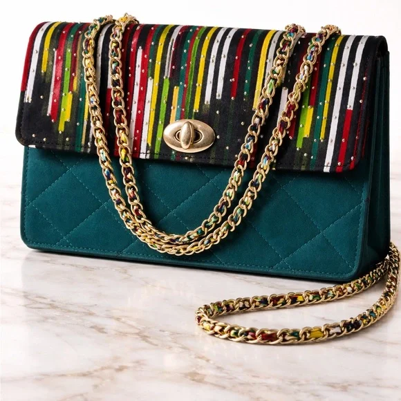 Quilted Teal Shoulder Bag with Multicolor Stripe Flap - Picture 2 of 2